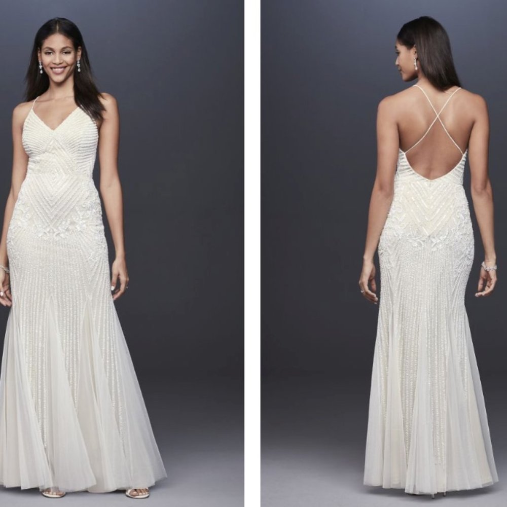 Beaded Sheath V-Neck Low Back Wedding Dress with Godets